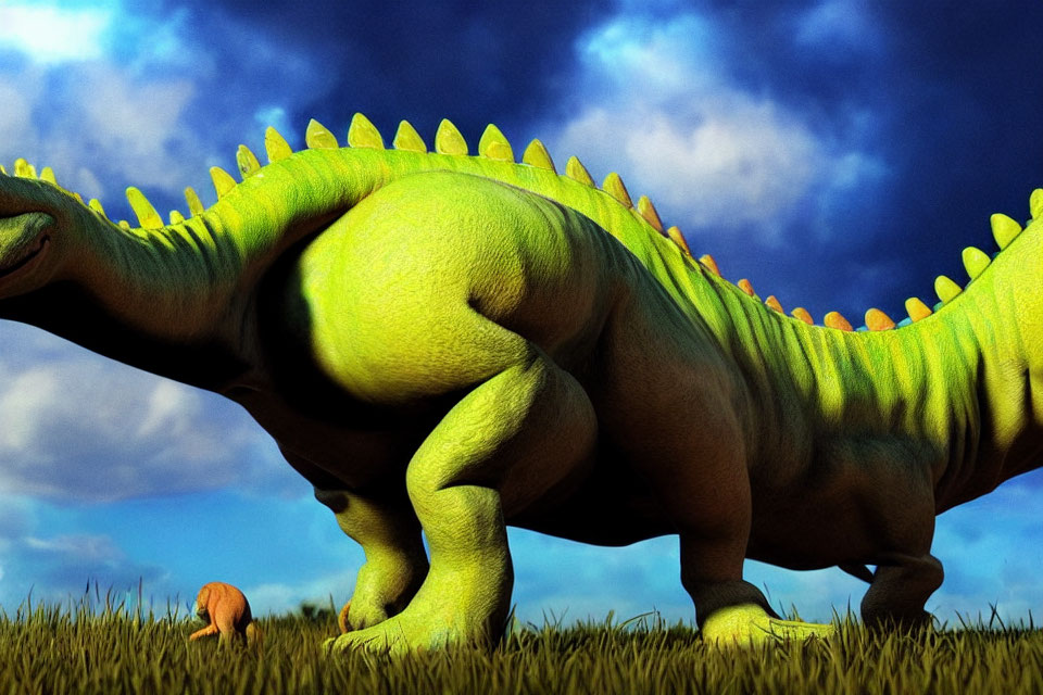 Colorful Spiky Dinosaur in Grass Field Under Blue Sky