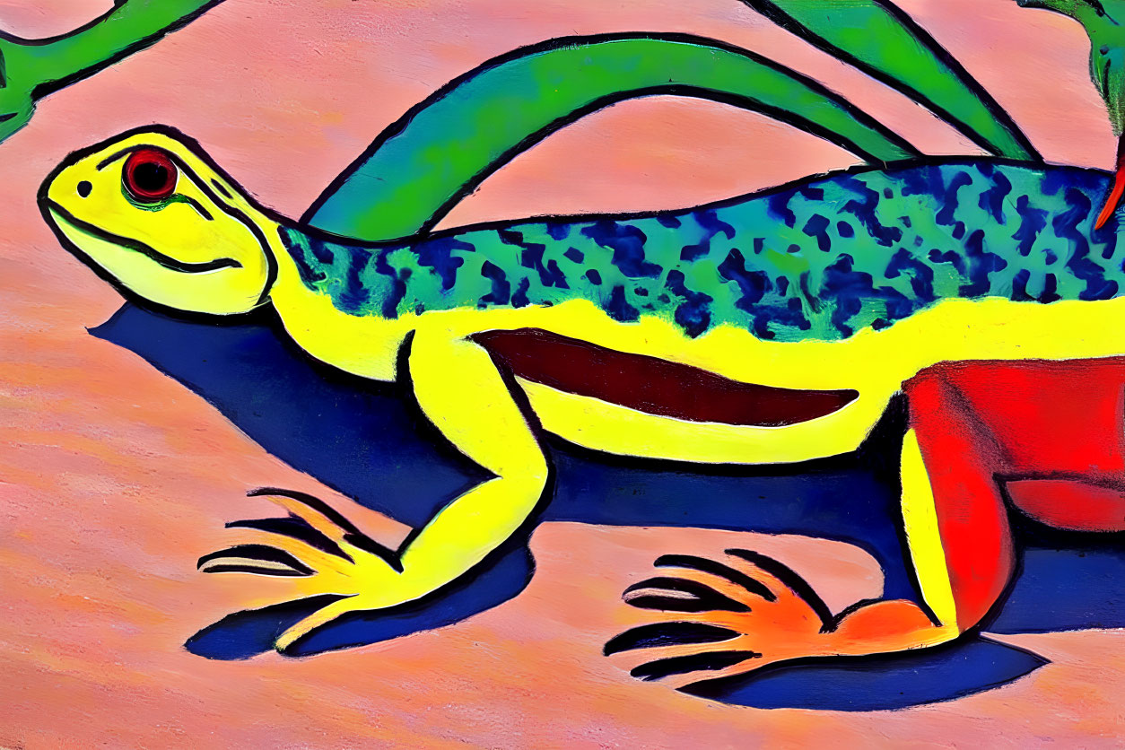 Vibrant lizard artwork with red, yellow, and blue body on colorful backdrop