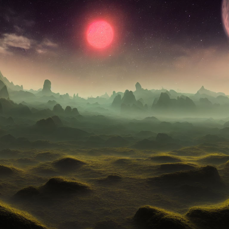 Alien landscape with misty mountains under a red star