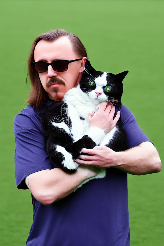 Long-haired man with sunglasses holding black and white cat on green backdrop