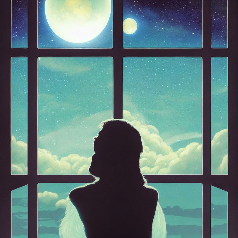 Silhouette of person by large window under night sky with full moon and stars