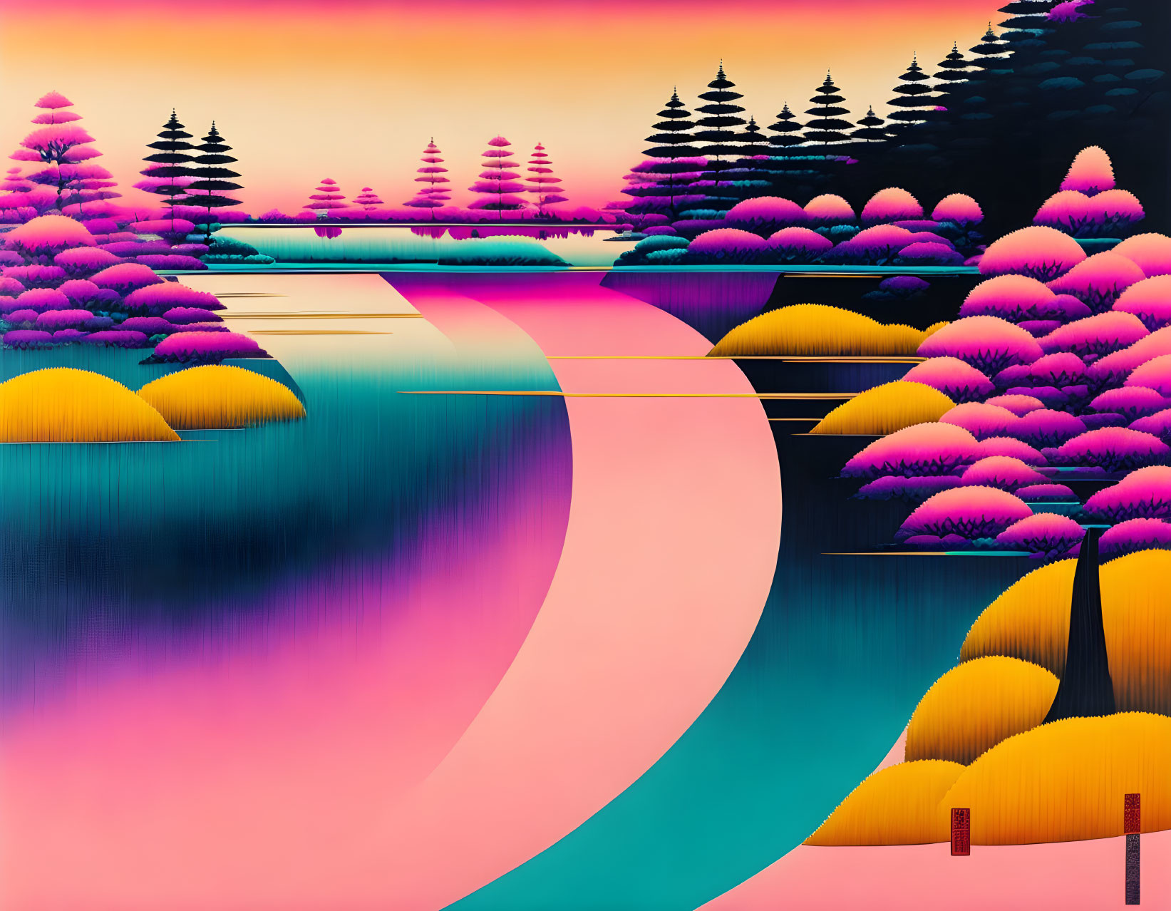 Colorful Trees and River in Surreal Digital Landscape