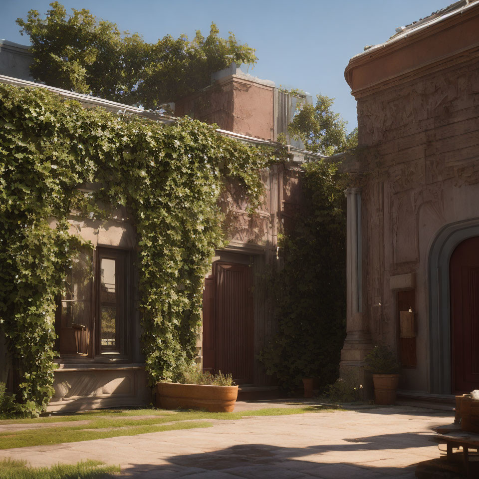 Tranquil courtyard with green vines, classic architecture, and soft sunlight