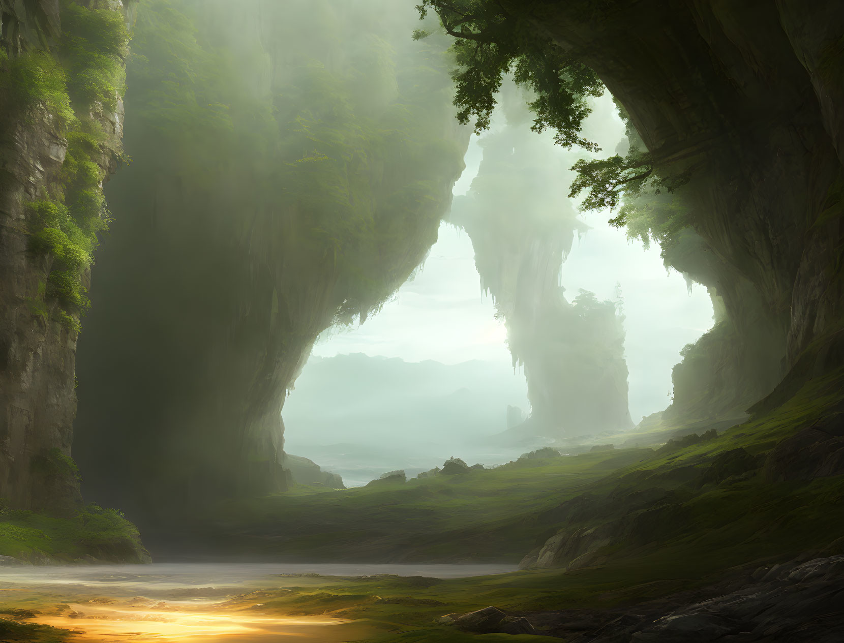 Sunlit landscape with towering cliffs, tranquil river, lush greenery, and misty ambiance