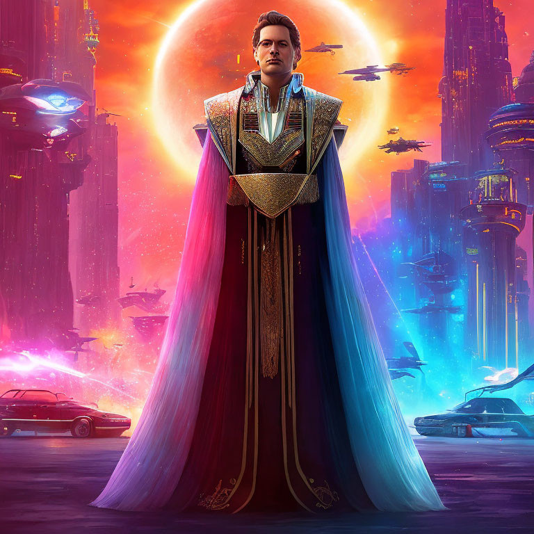 Futuristic man in robe against cityscape with radiant eclipse and cosmic colors