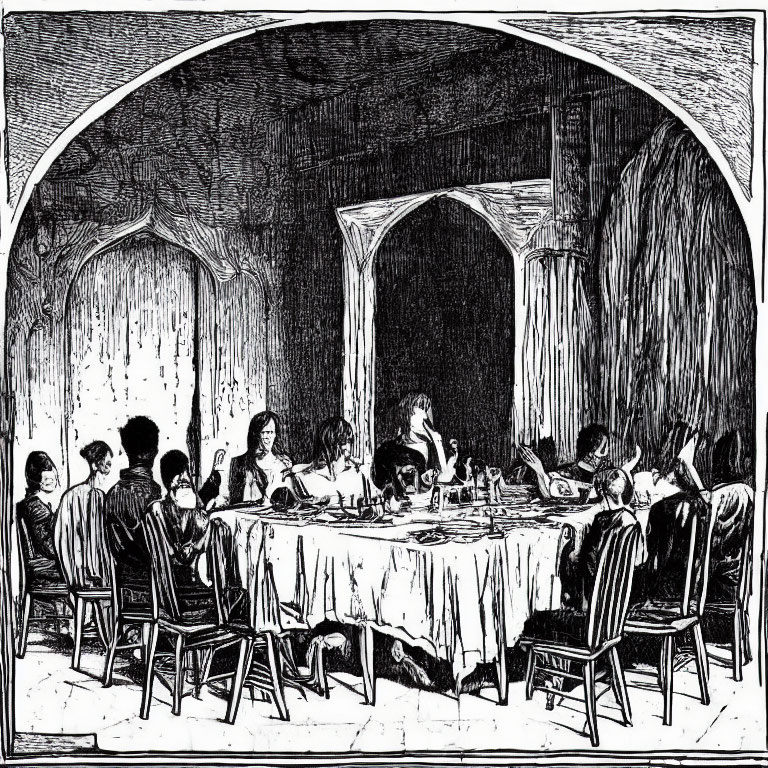 Victorian-style group dining in grand, arched room