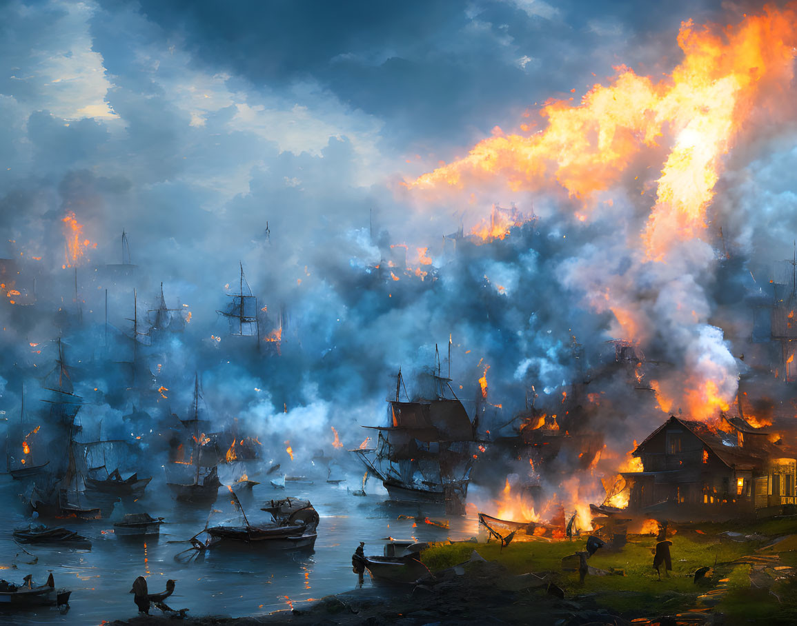 Dramatic artwork: Ships and town ablaze in catastrophic scene