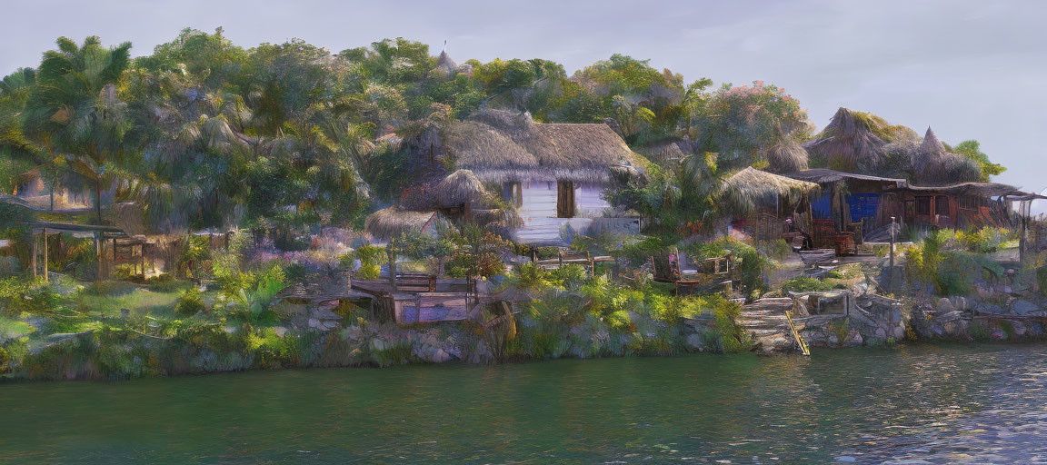 Rustic thatched-roof huts in lush greenery by rocky waterside