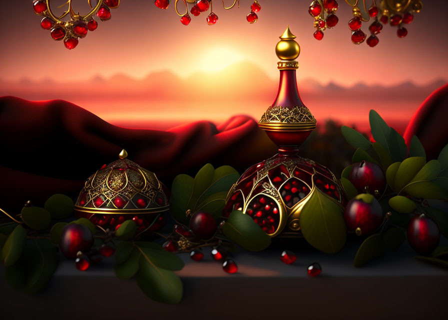 Intricate Ornate Perfume Bottle with Jeweled Ornaments and Berries on Sunset Background