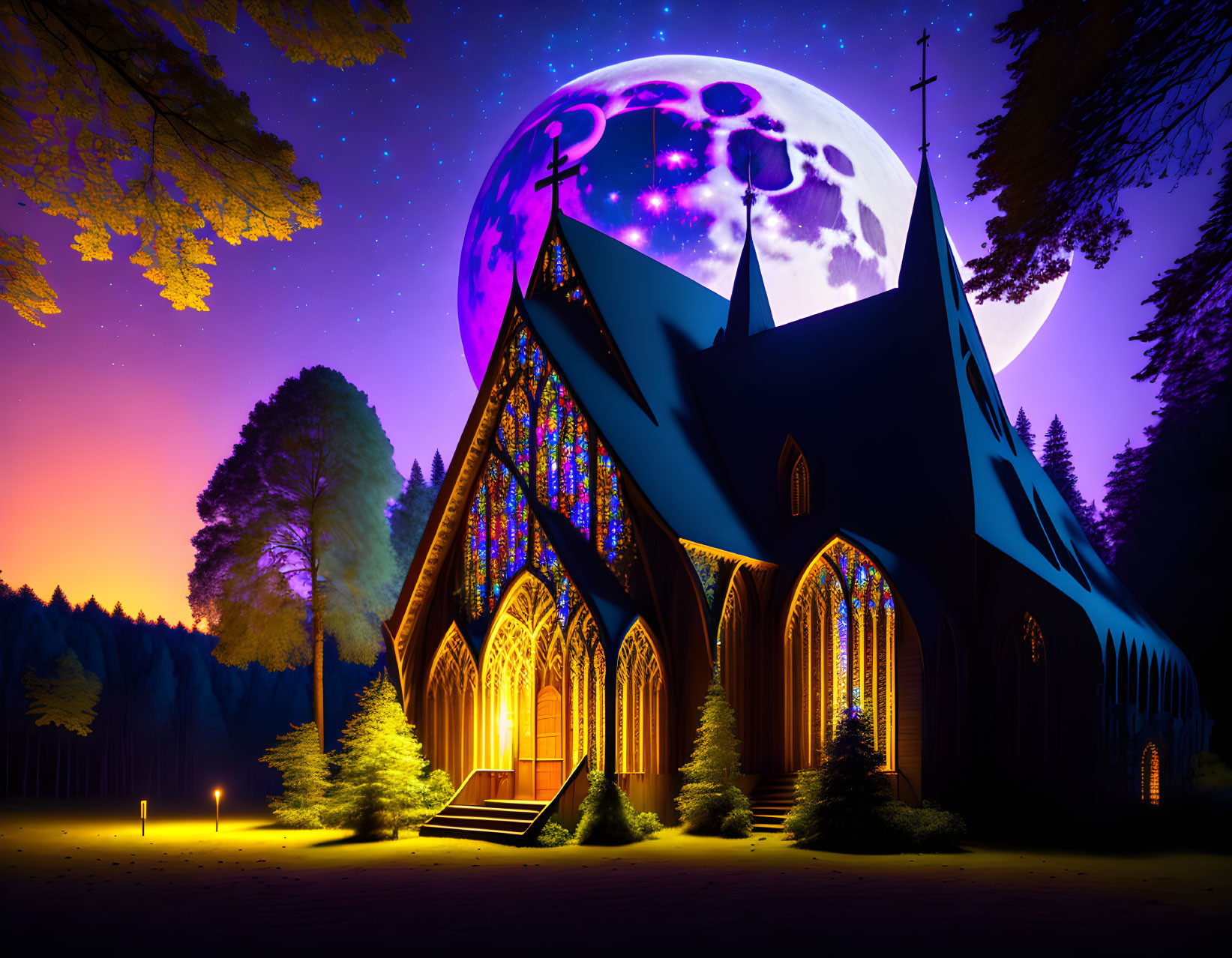 Gothic church with illuminated stained glass windows at twilight