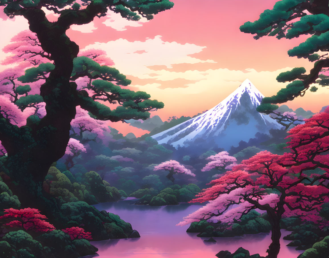 Snow-capped mountain peak at sunset with pink-hued trees, lush greenery, and tranquil lake