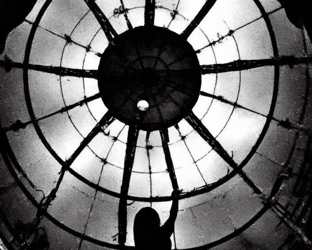 Person silhouette under geometric dome with radial patterns and hanging light in black and white.