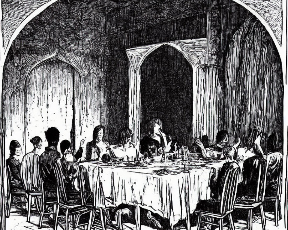 Victorian-style group dining in grand, arched room