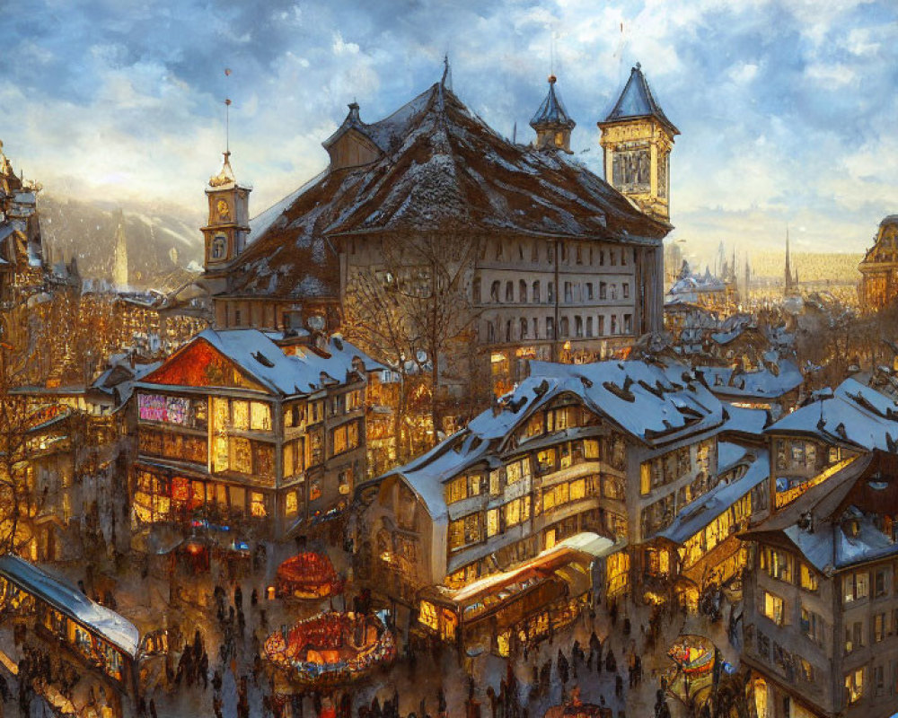 Snow-covered European town square with Christmas market and clock tower at night