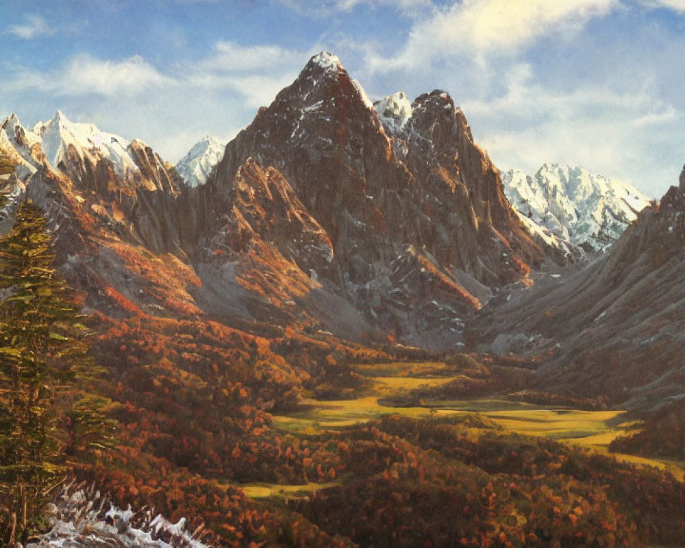 Snowy Peaks and Autumn Trees in Mountain Landscape at Dusk or Dawn