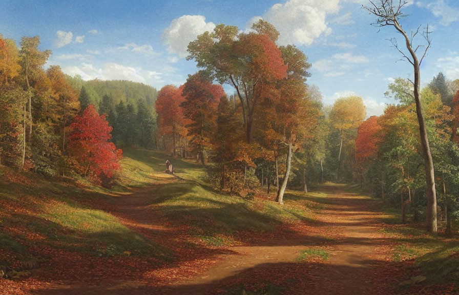 Autumn forest landscape with red and orange foliage and person walking on path