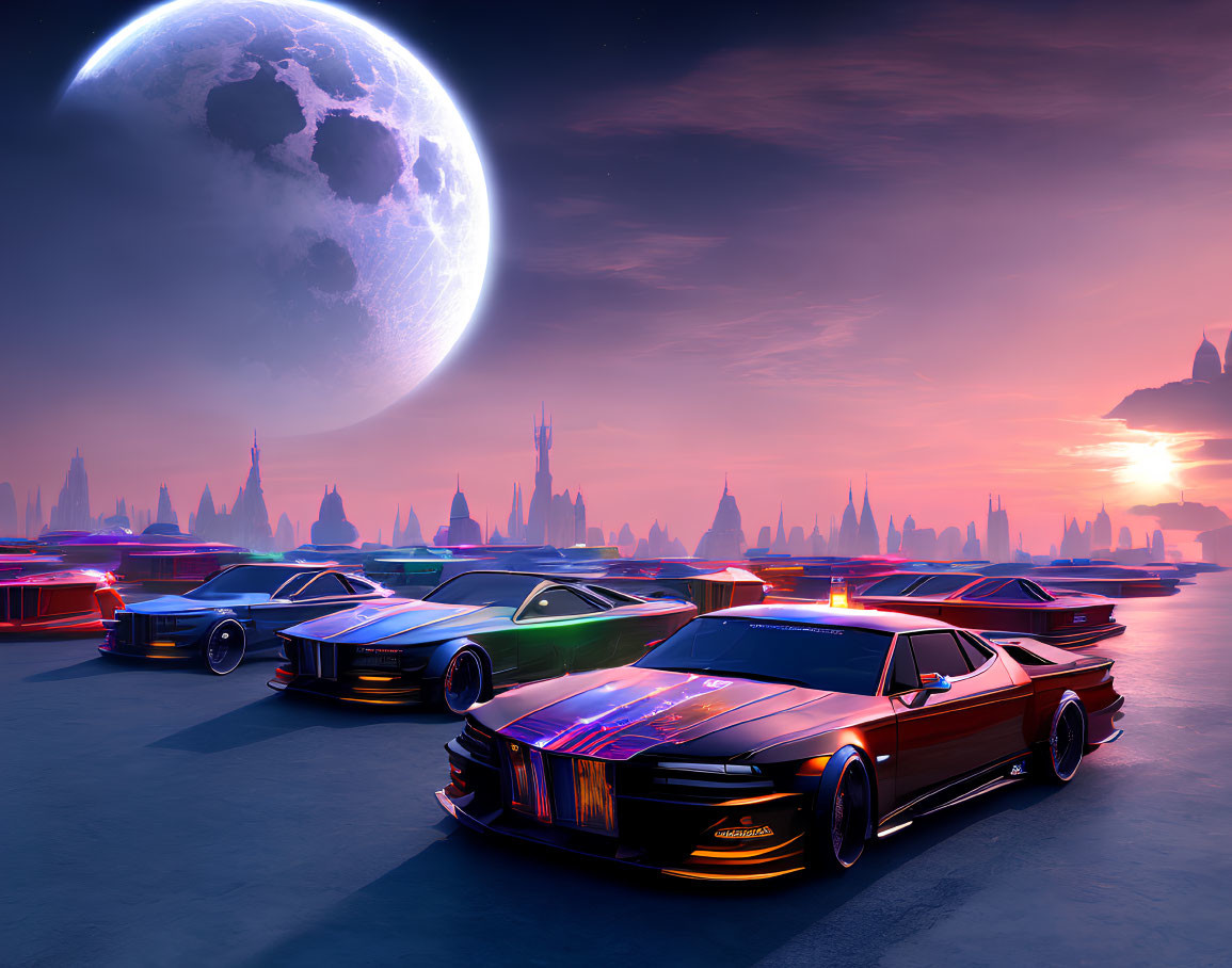 Futuristic cars on neon-lit platform under twilight sky