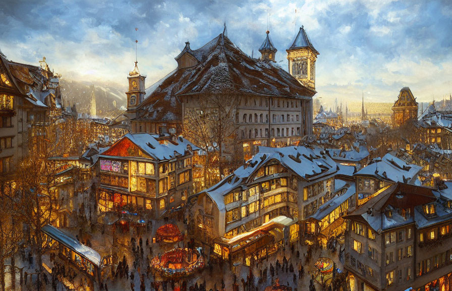 Snow-covered European town square with Christmas market and clock tower at night