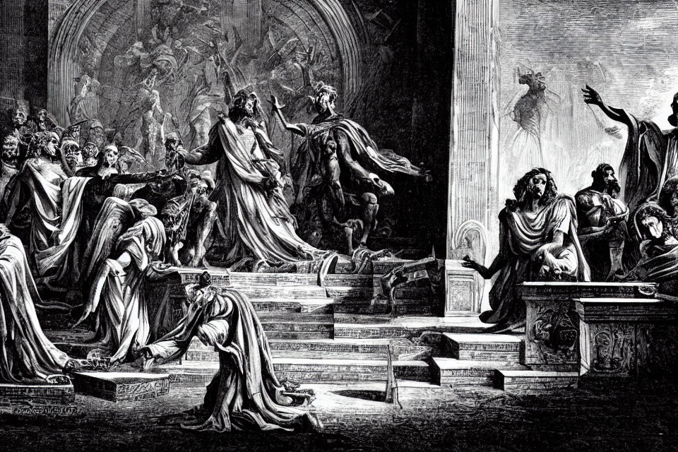 Detailed Black and White Engraving of Classical Scene with Robed Figures in Grand Architecture