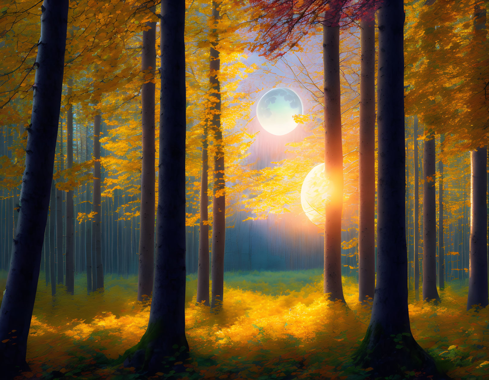 Vibrant Autumn Forest with Golden Leaves and Double Moon