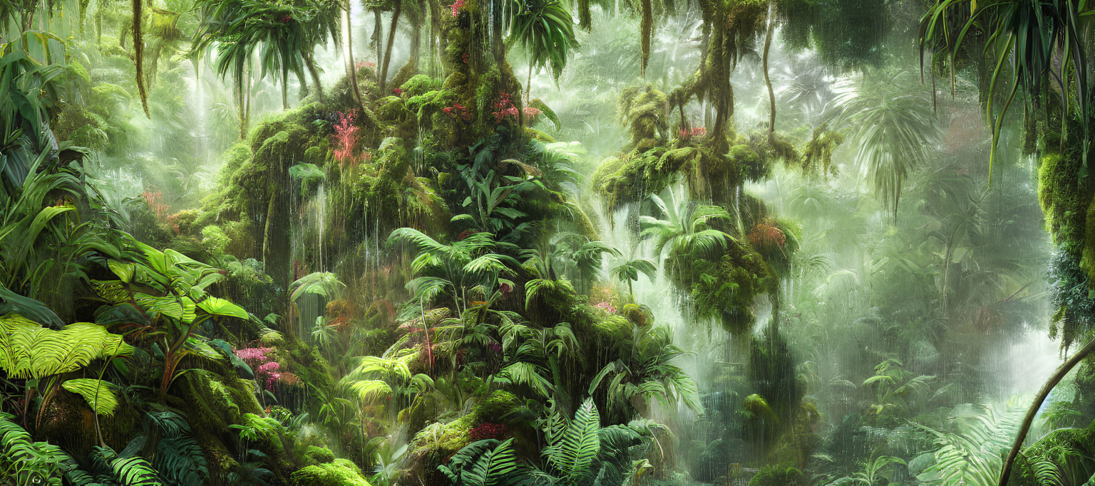 Lush Tropical Rainforest with Hanging Vines and Mist