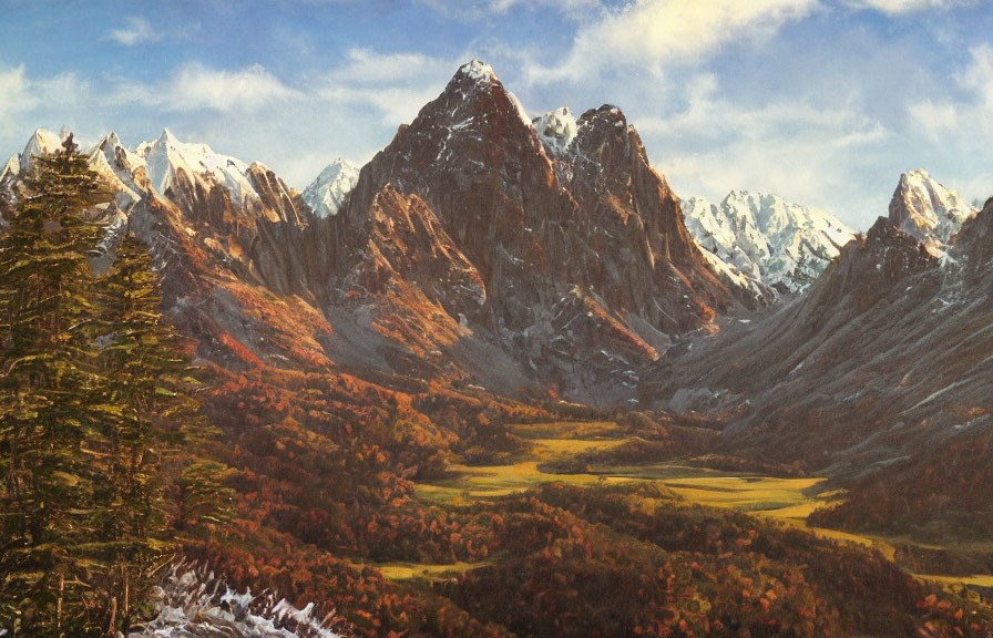 Snowy Peaks and Autumn Trees in Mountain Landscape at Dusk or Dawn