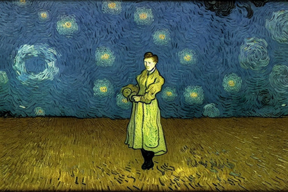 Expressionist painting of figure with lantern under starry night sky