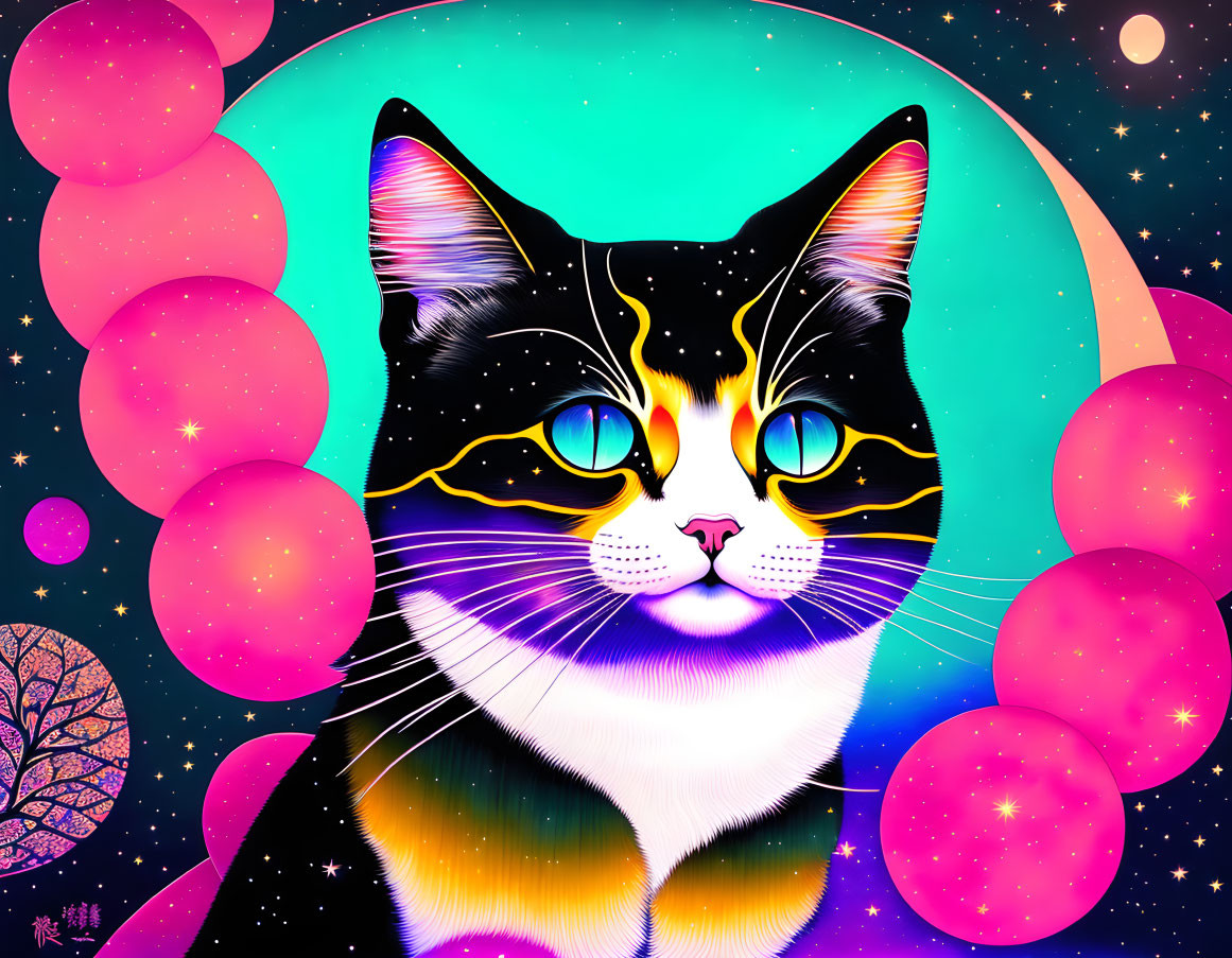 Colorful Digital Artwork: Cosmic Cat in Celestial Setting with Pink Bubbles and Stars