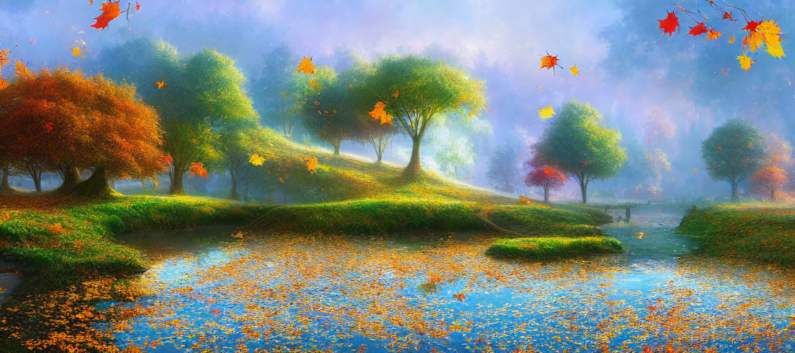 Vibrant autumn landscape with serene river and misty ambiance