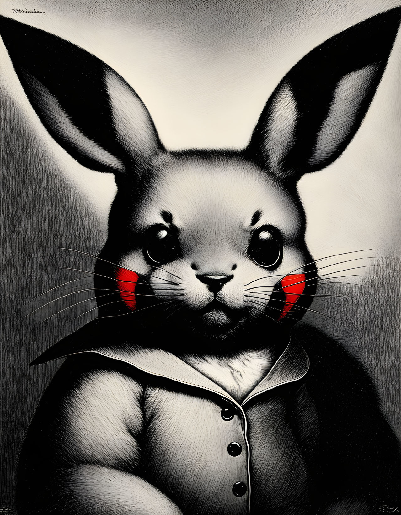 Anthropomorphic rabbit in shirt with large eyes and red cheeks