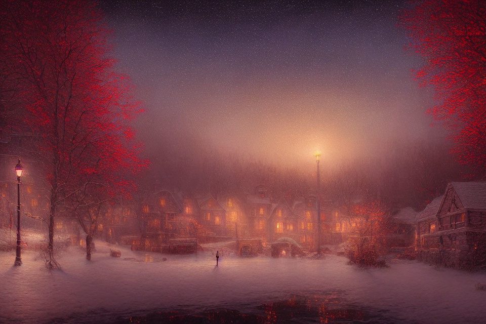 Snow-covered village at twilight with glowing street lamps and red trees under a starry sky