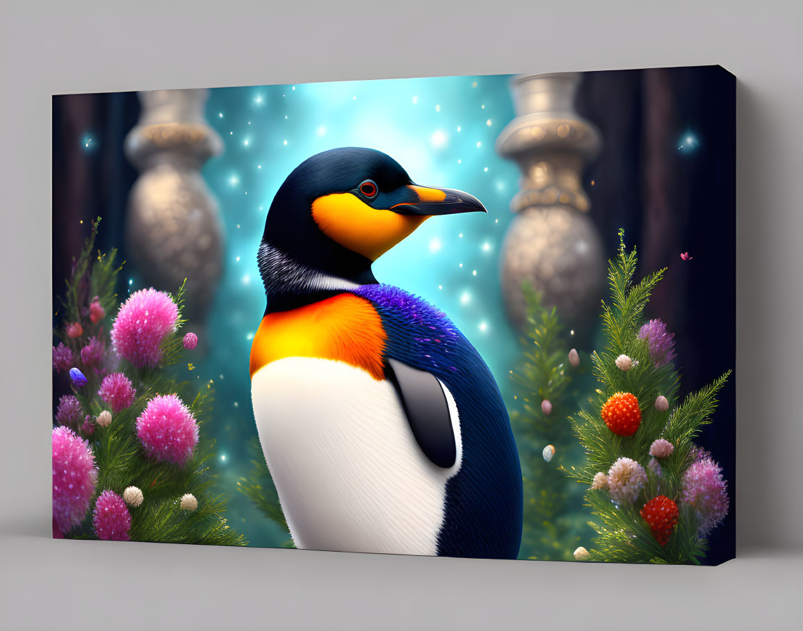 Realistic penguin in vibrant flora on soft blue canvas print