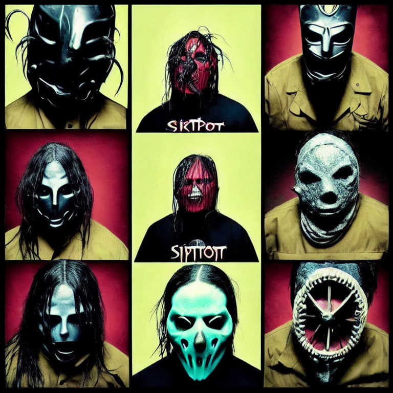 Grid of Nine Dramatic Masks on Yellow Background with "Slipknot" Text