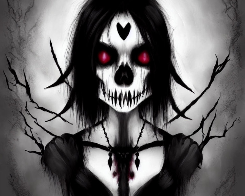 Illustration of figure with red eyes and skull-like face paint, heart symbol on forehead, surrounded by