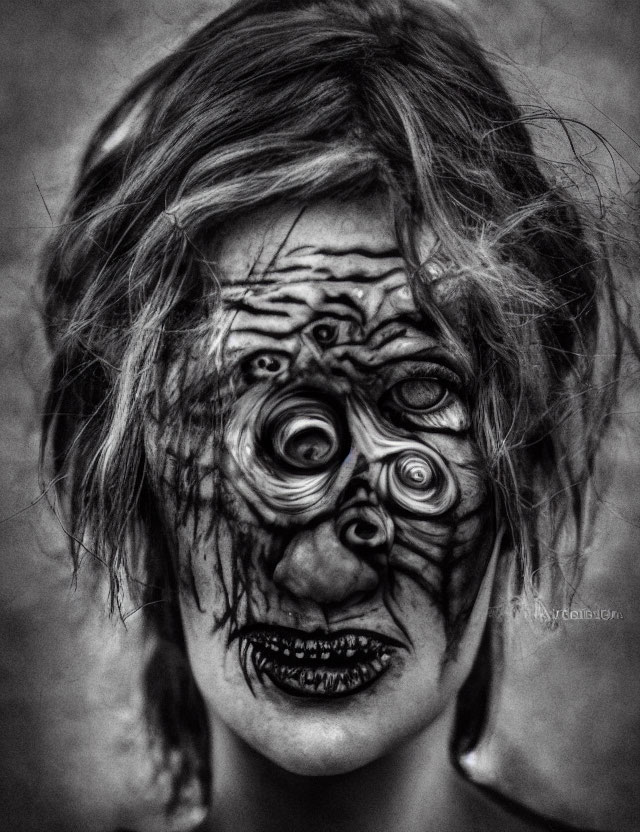 Monochrome photo of person with eerie swirling eye makeup and dark facial designs