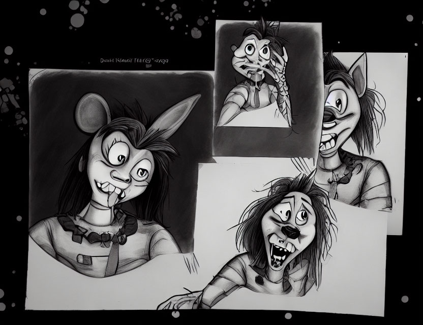 Monochrome cartoon character sketches with exaggerated facial expressions in surprise to terror