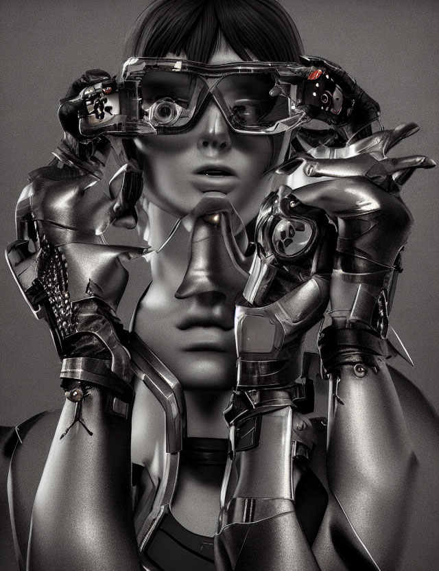 Futuristic female robot with cybernetic hands and advanced goggles