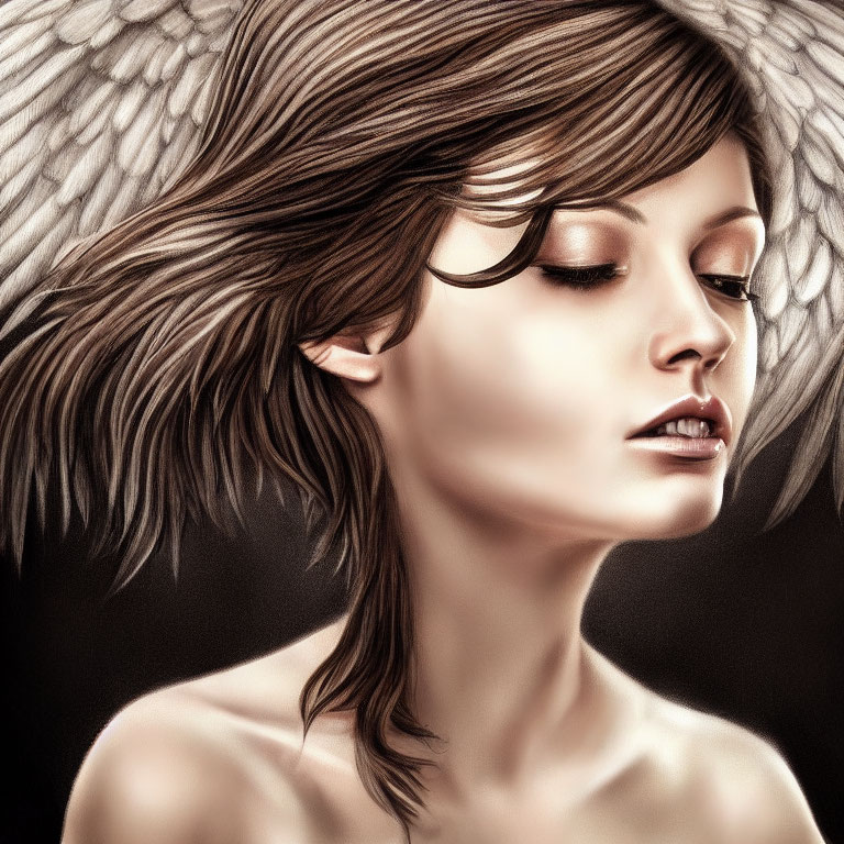 Digital artwork: Woman with angelic wing hair, detailed feathers, soft skin, serene expression