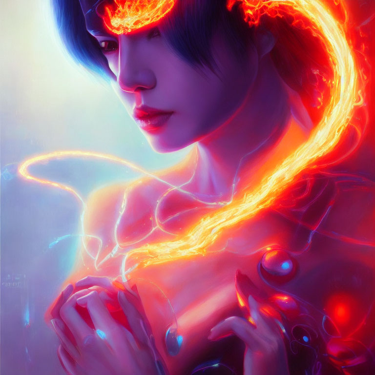 Digital artwork of person with blue hair and glowing orange energy swirling around