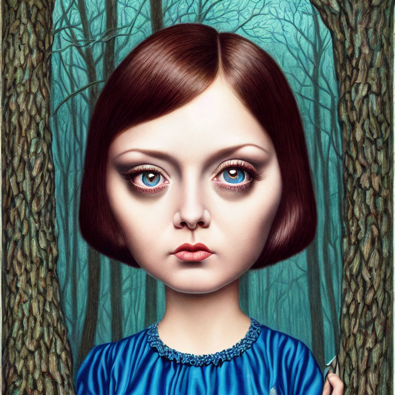 Surreal portrait of girl with oversized eyes and bob haircut in blue dress with forest background