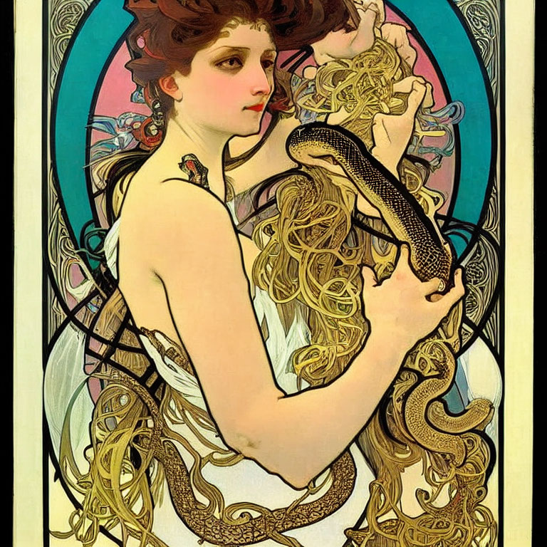 Art Nouveau woman with flowing hair holding a snake illustration