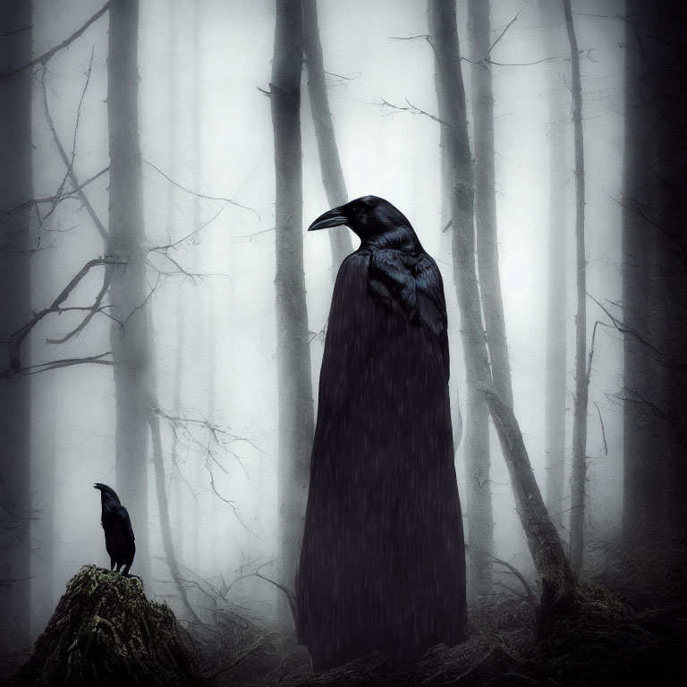 Misty forest scene with cloaked raven and smaller bird