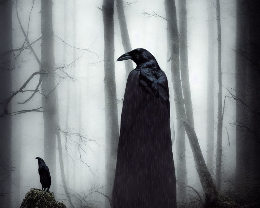 Misty forest scene with cloaked raven and smaller bird