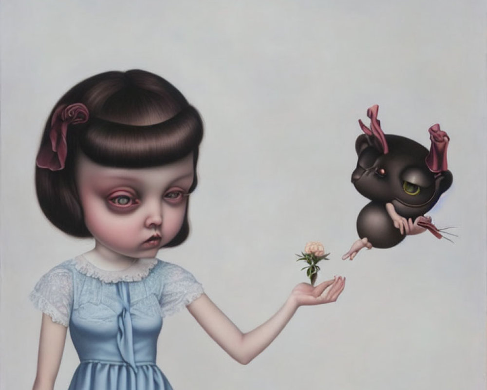 Exaggerated Eyes Girl Holding Flower with Whimsical Creature