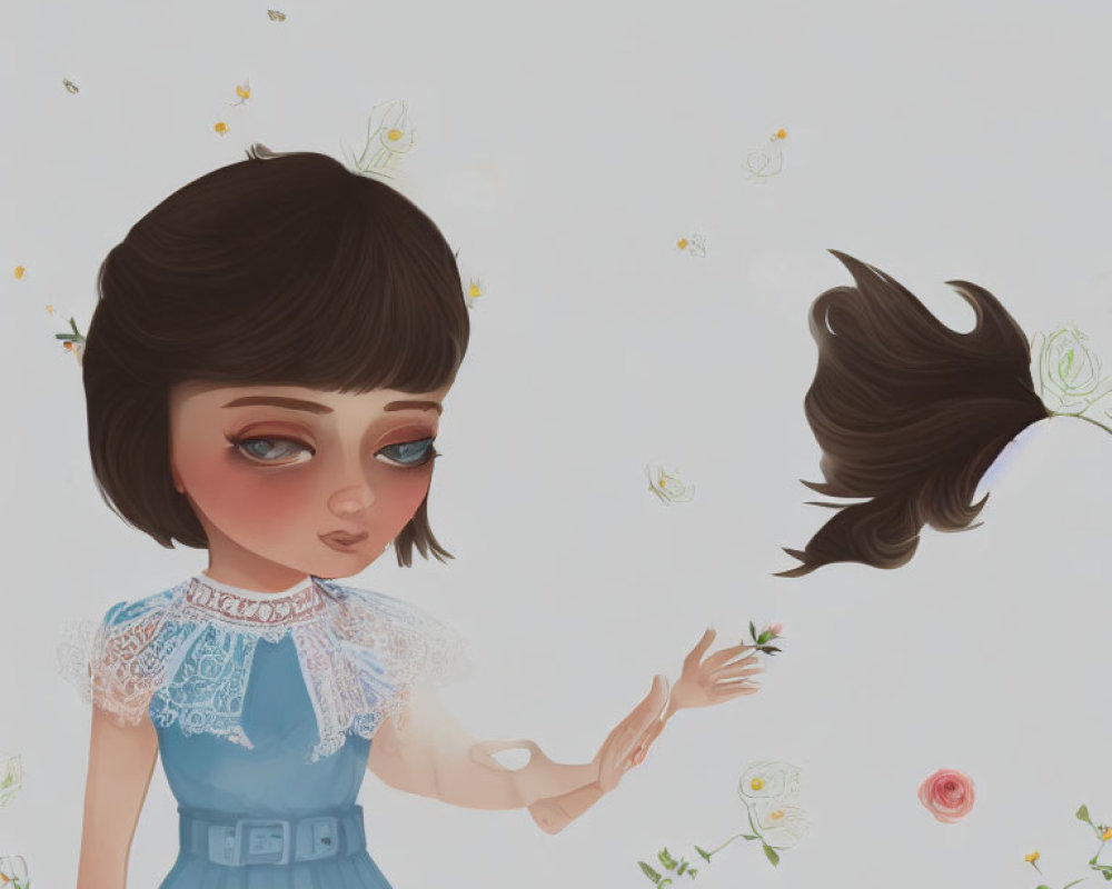 Girl with large eyes and brown hair in blue dress reaching out to floating horse with butterflies and flowers.