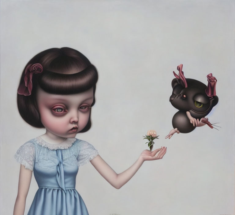 Exaggerated Eyes Girl Holding Flower with Whimsical Creature