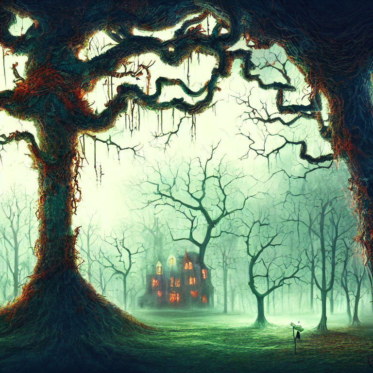 Eerie forest with twisted trees and mysterious house glow