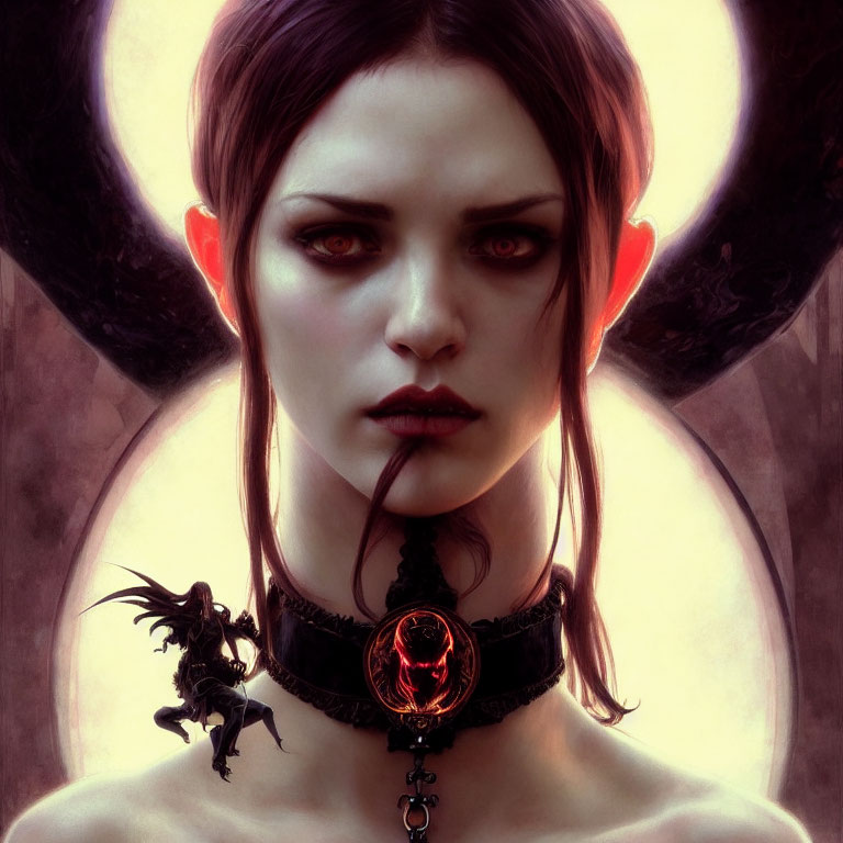 Fantasy female portrait with pointed ears, red eyes, dark lipstick, and ornate choker.