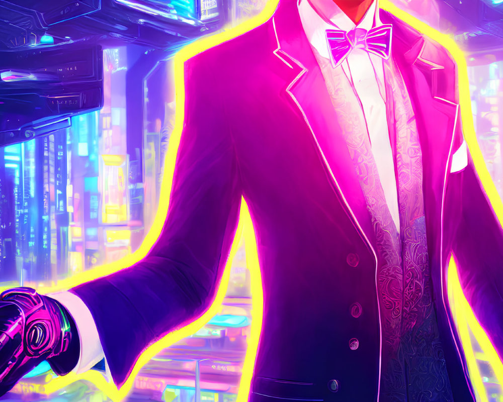 Futuristic cybernetic arm suit illustration in neon cityscape