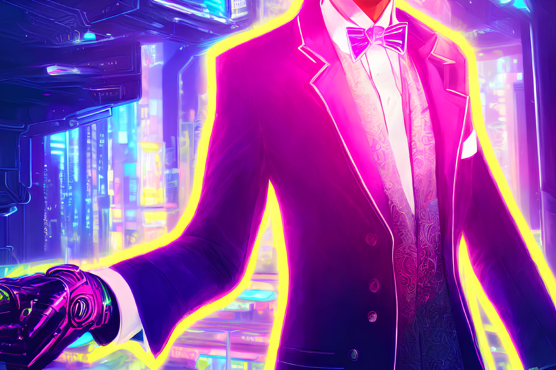 Futuristic cybernetic arm suit illustration in neon cityscape